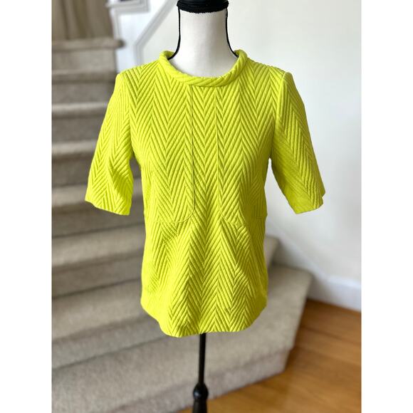 Tibi Neon Yellow Green Chevron Quilted Zipper Roll Neck Short Sleeve Blouse - Picture 1 of 9